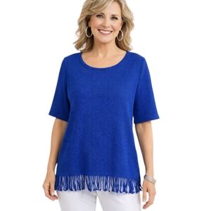 Chico's Blue Fringe Hem Short Sleeve Sweater Med/8 (Chico's 1)